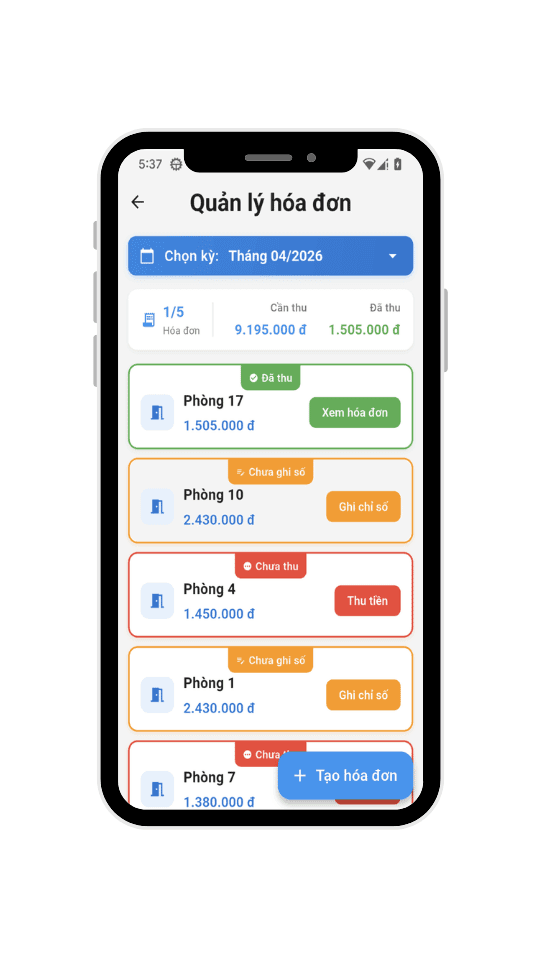 Giao diện DigiHome hiển thị danh sách hóa đơn