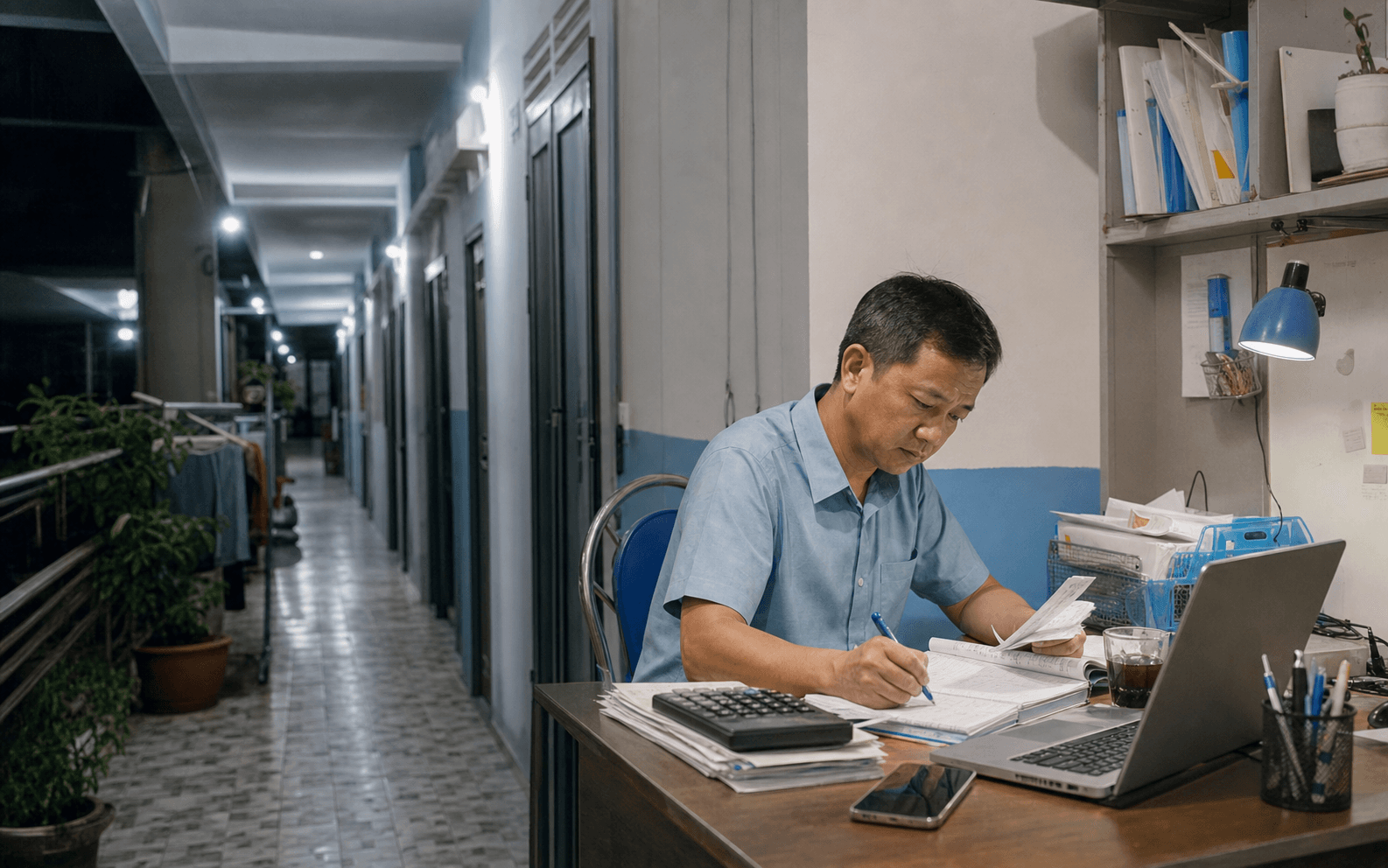 Chủ nhà trọ Việt Nam kiểm tra sổ sách và hóa đơn vào buổi tối cuối tháng