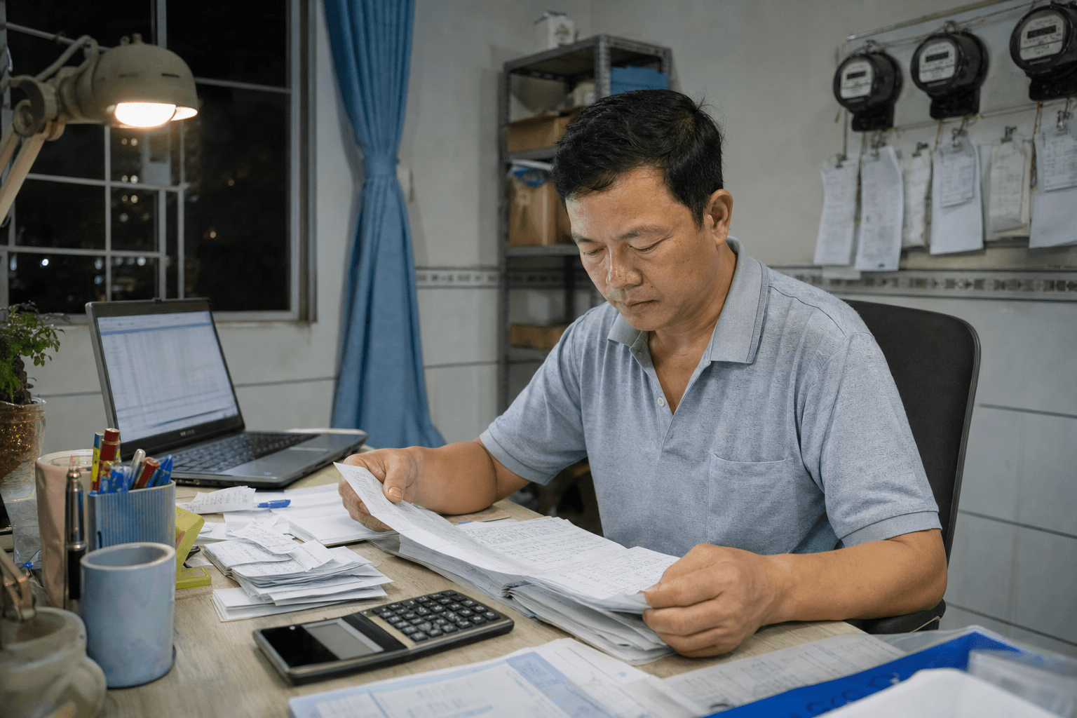 Chủ nhà trọ Việt Nam kiểm tra sổ điện nước và hóa đơn vào cuối tháng