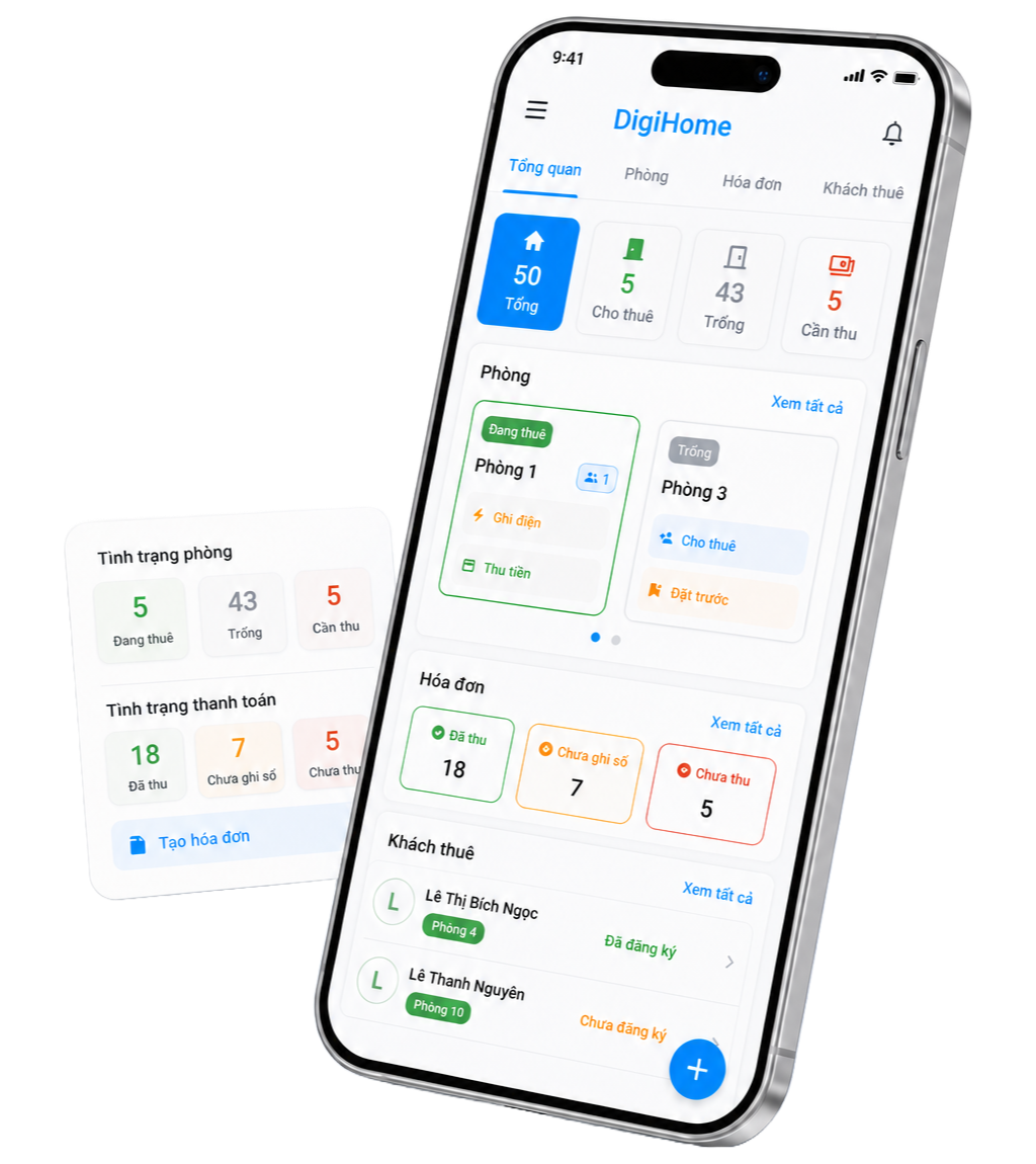 Điện thoại nghiêng hiển thị ứng dụng DigiHome với tổng quan phòng, hóa đơn và khách thuê, bên cạnh là thẻ trạng thái vận hành