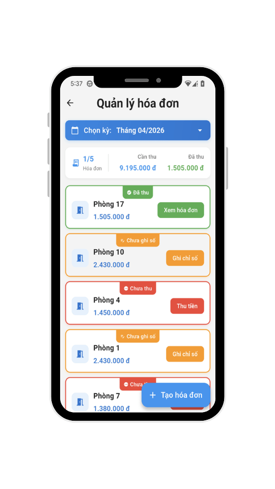 Giao diện DigiHome trên điện thoại hiển thị danh sách hóa đơn và trạng thái thanh toán theo phòng