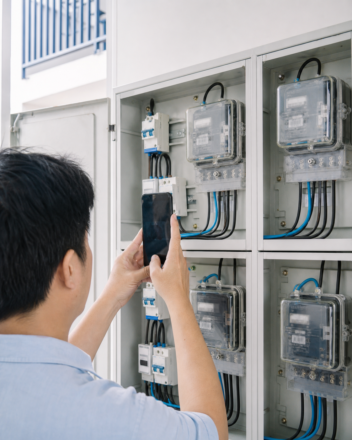Chủ nhà trọ ghi chỉ số điện nước bằng điện thoại tại khu phòng trọ